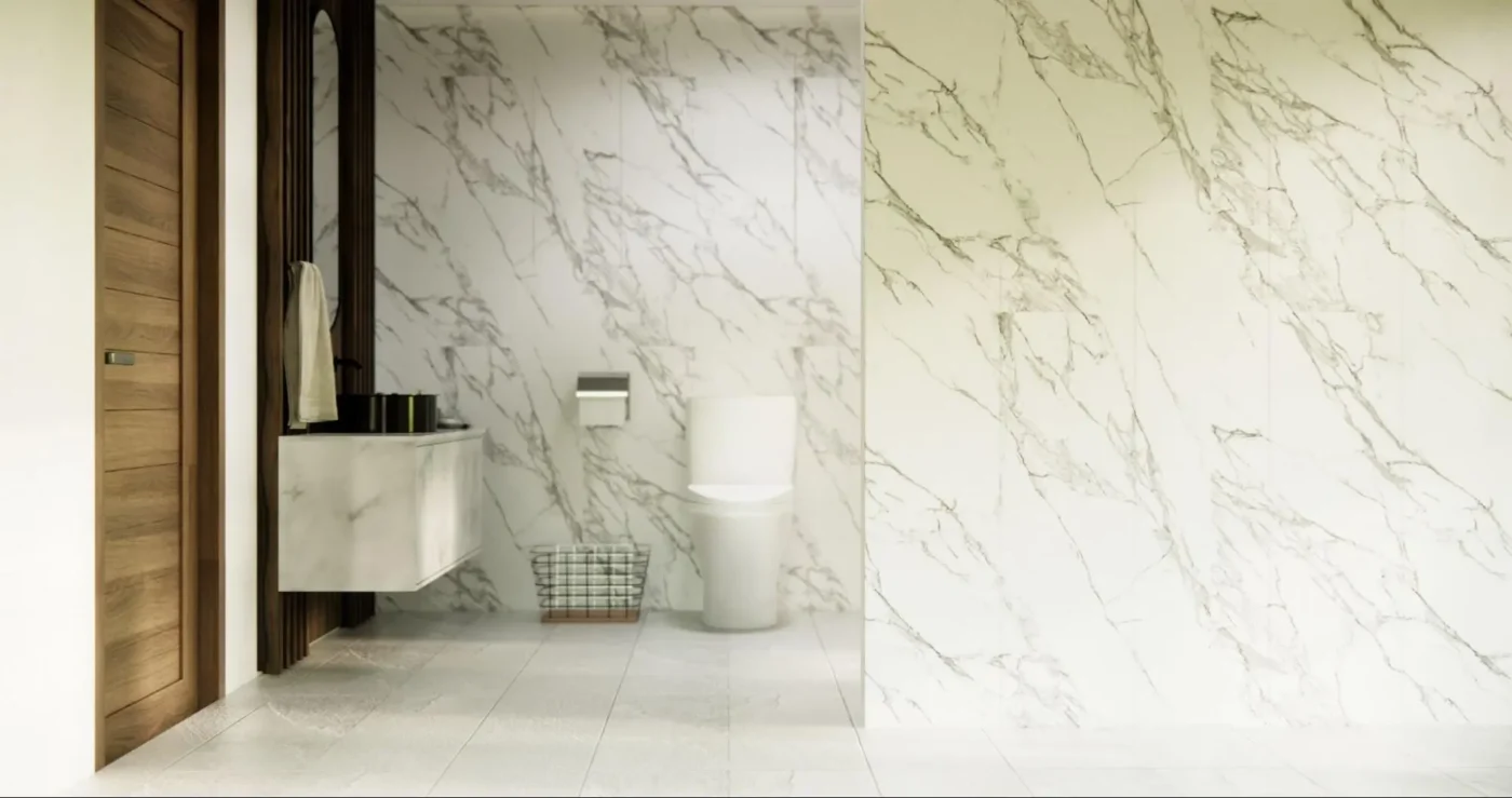 ผนังห้องน้ำกระเบื้องลายหินอ่อน