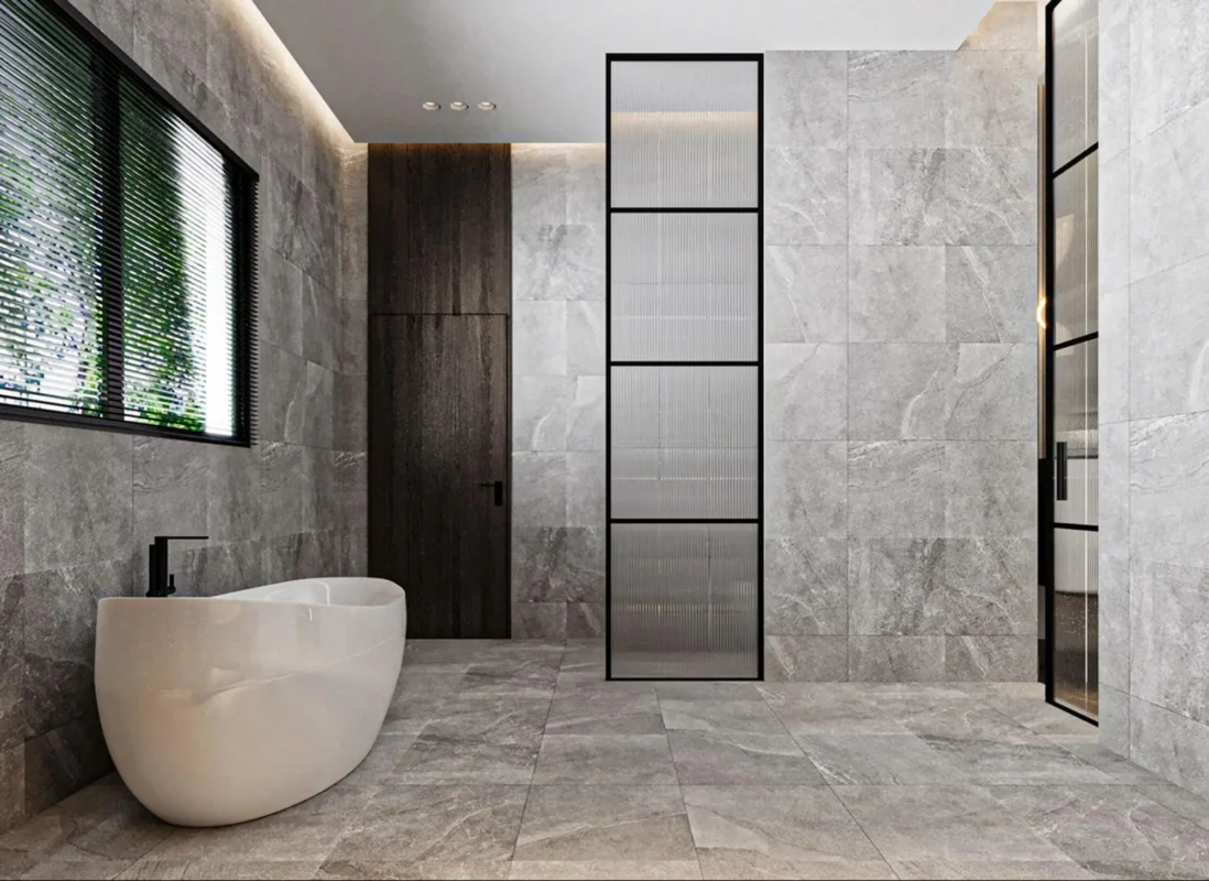 ผนังห้องน้ำกระเบื้องลายหิน