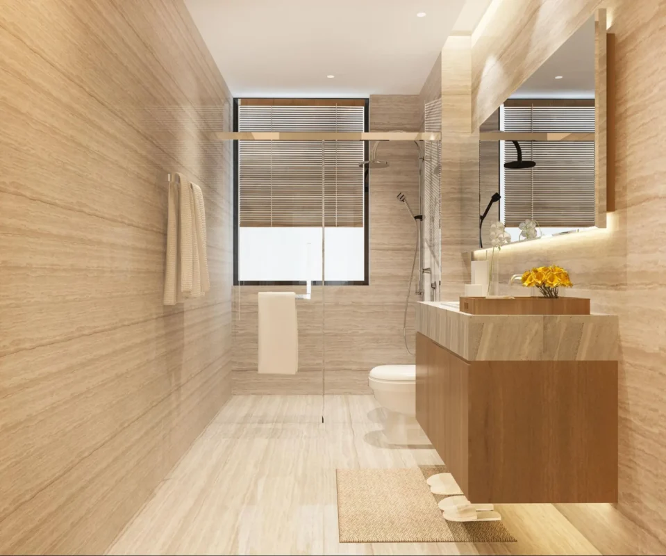 ผนังห้องน้ำกระเบื้องลายไม้